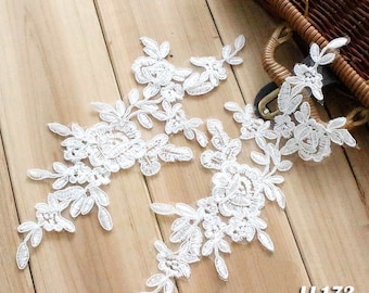 Off-white Alencon Lace Appliques Embroidered Lace Appliques Bridal Dress Patches Headpiece Symmetrical Venice Venise Appliques LL172
