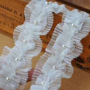 Galons dentelle rubans mousseline plissé 4.5cm 1.7" Blanc Cassé NOIR 4 types Pleated beaded chiffon lace trims ruffled ribbons BYDC014