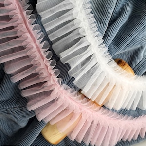 New White/Pink pleat trim,Soft mesh lace ruffle,baby dress Ruffled Trims,costume sleeves,11cm 4.3&quot;,Pleated edge trim,cut to size,bulk sale