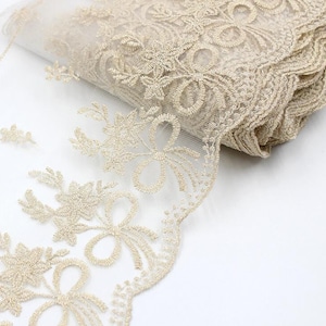 Festonné Galons dentelles brodée en tulle fleuris robe de couture fils doré galons à broder 19cm 7.4" Golden Threads Lace Trims x1yrd AB0421