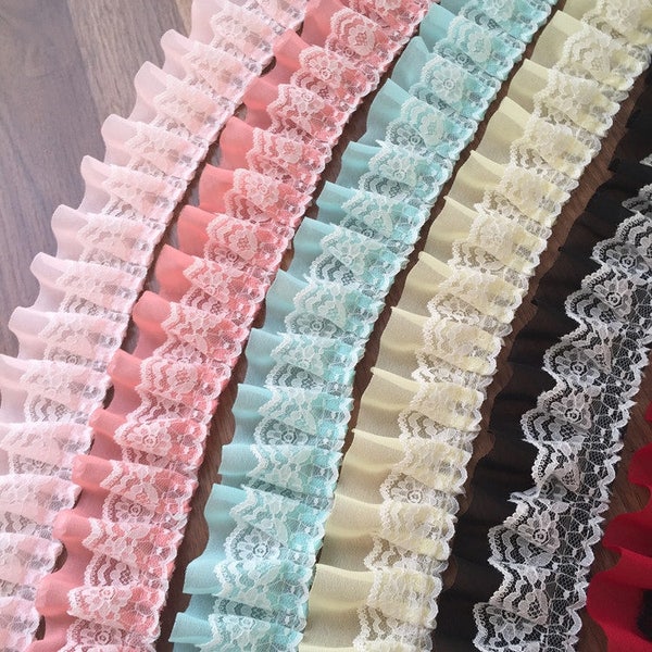 Quality Pleated lace ruffled chiffon trims tulle lining embroidered lace costume design ruffled lace 5cm 2" 8 colors x1yd BYDC057