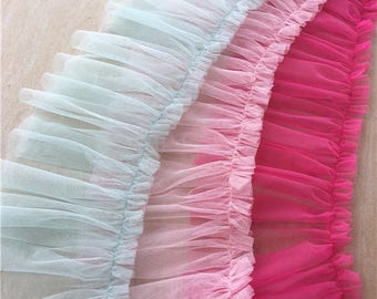 Soft pleated lace trims,mesh pleat,ruffled tulle,sleeves lace trims,prom ballet lyrical dance 17cm 6.7" Light Blue Pink Fuchsia x1m BYDC091