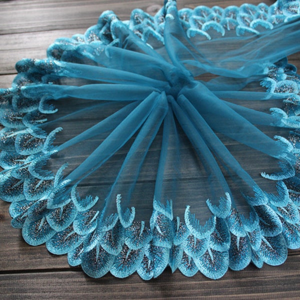 Sky Blue Peacock Embroidered Lace Trims Venice Costume Edging Trims Feather Lace 20cm 7.8" Bridal Dress Wedding Gown Lace Trimmings HY006