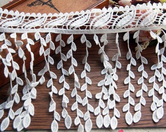 Embroidered Leaves Fringe Lace Trims Tassel Trimmings 16cm 6.2" Off-white HY003