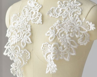 Paire Blanc Appliqués Brodée Coton Fleuris Appliqués en Dentelle pour Robe de Couture Costume de Bal Embroidered Lace Appliques LL558