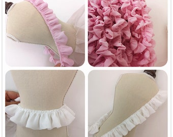 Blanc&Rose Lolita rubans à volant,3cm,galons dentelle plissé,en mousseline de 120D,Ruffled chiffon lace,pleated trims,by the meter BYDC274