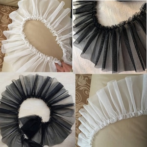 Ruban a Volant,plissé galons dentelle,en maille douce,17cm 6.7",robe de couture,BLANC NOIR,Soft pleated mesh trims lace ruffle x1m BYDC063
