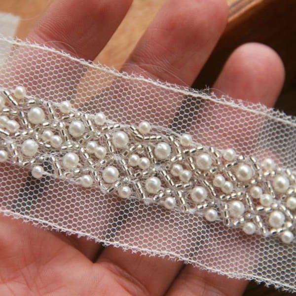 Ceinture strass DIY Rubans galons dentelle avec perles 4cm 1.5" Blanc Wedding belts bridal sash lace trims x1 yard DZ04