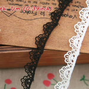5 yardas de encaje de guipur de 1 cm (0,4"), adornos de encaje, cintas, cintas decorativas bordadas, adornos de encaje bordado en blanco y negro, adornos de borde, adornos florales