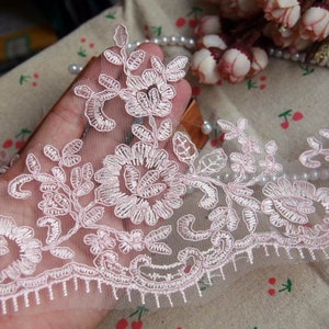 Pink Embroidered Alençon lace Venice Lace Trims Bobbin Lace Broderie Anglaise 15cm 5.9"  Bridal Wedding Dress Lace Trimming LL295