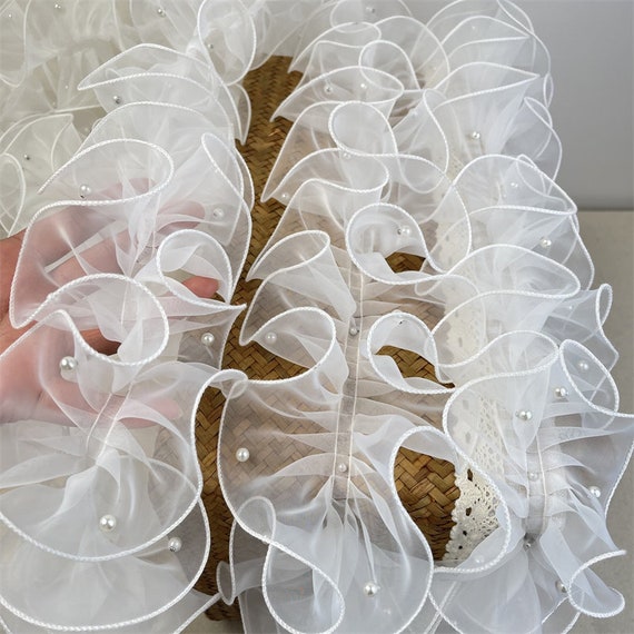 Nastro In Organza Bianco Con Perle E Bordo In Pizzo – Larghezza 3,5 Cm, Lunghezza 92 Cm – Per Decorazioni, Abiti Da Sposa, Fai Da Te - 6