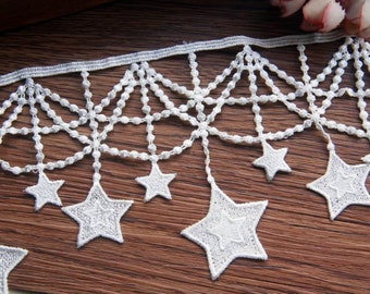 2 yards Galons Dentelles étoiles Rubans Pompon Frange Brodée 11cm 4.3" Noir Blanc Cassé Embroidery Star Fringe Tassel Lace Trimmings LXGC25