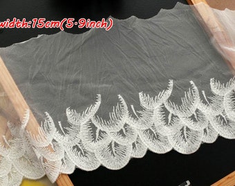 Blanc cassé Galons Dentelle Brodée Motif Plume de Paon Tulle Venise Dentelle 15cm 5.9inches Venice Peacock Feather Embroidered Lace Trims