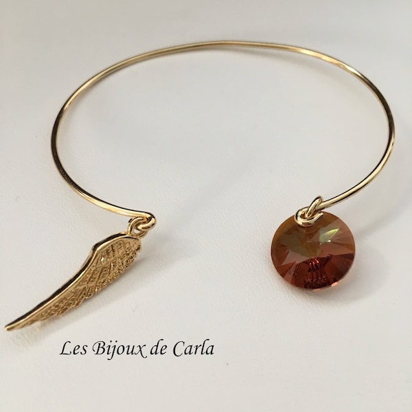 Bracelet jonc avec aile en plaqué or et pendentif cristal