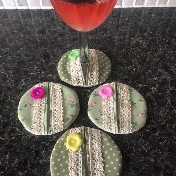 Set of 4 Fabric wine glass/champagne flute coasters.shabby chic/housewarming gift/cath kidston rosali fabric/lace