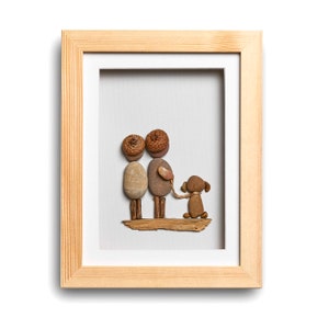Two people and the dog unique pebble art gift Natural Wood
