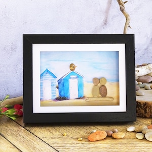 Beach huts- unique pebble art gift- nautical decor