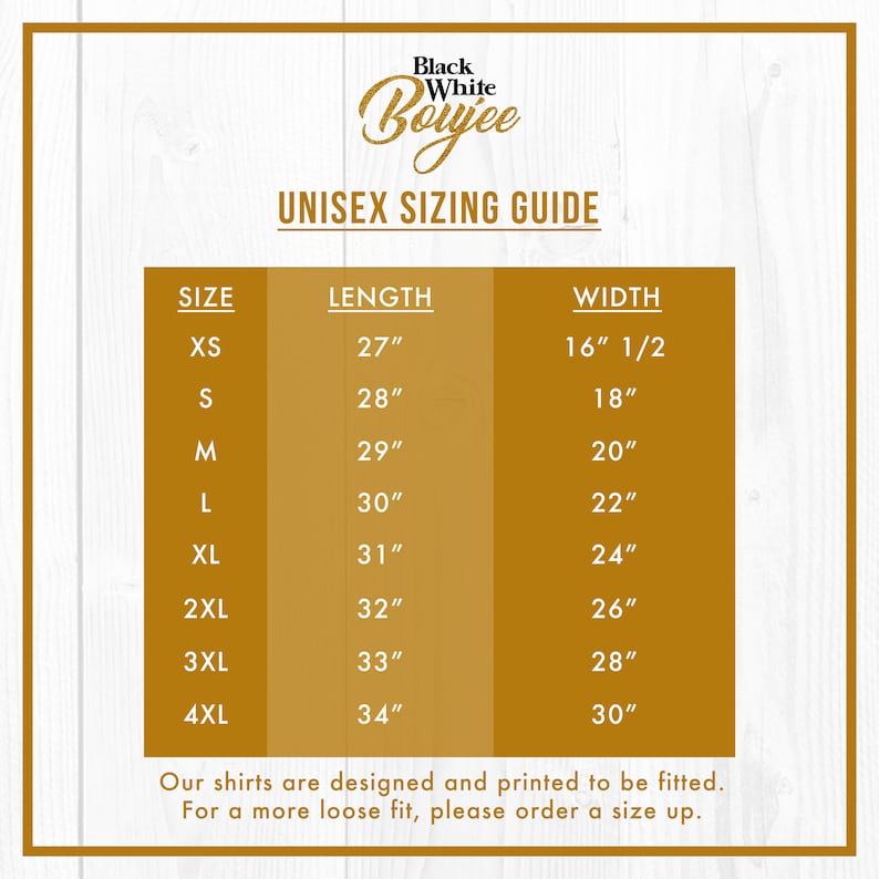 May include: Unisex sizing guide for shirts with measurements in inches. The chart shows sizes XS through 4XL with corresponding length and width measurements.