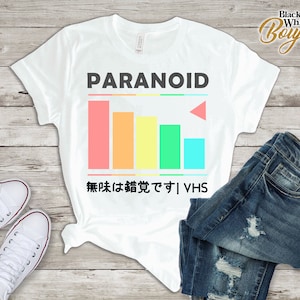 T-shirt esthétique Vaporwave paranoïaque, T-shirt japonais VHS, chemise hiéroglyphe, cadeau d’amoureux de l’anime japonais, tenue garçons filles image 1