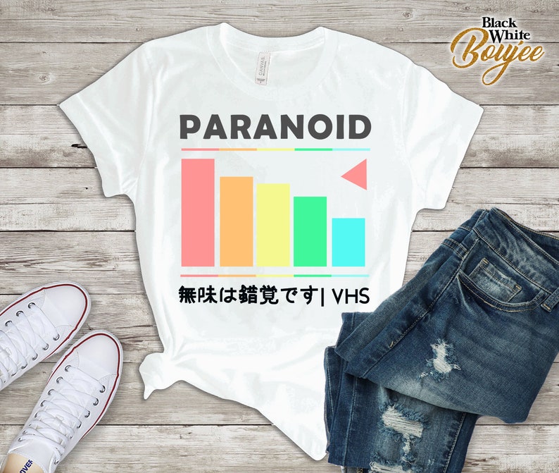 T-shirt esthétique Vaporwave paranoïaque, T-shirt japonais VHS, chemise hiéroglyphe, cadeau d’amoureux de l’anime japonais, tenue garçons filles image 1