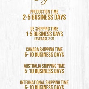 May include: A graphic showing production and shipping times for orders. Production time is 2-5 business days. UK shipping is 1-5 business days, with an average of 2-3 days. Canada, Australia, and international shipping times are 5-10 business days.