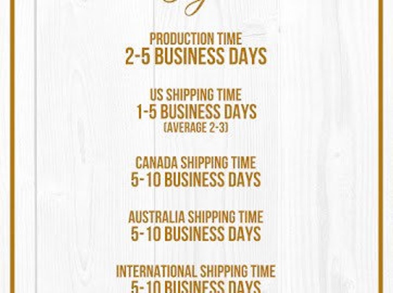 May include: A graphic showing production and shipping times for orders. Production time is 2-5 business days. UK shipping is 1-5 business days, with an average of 2-3 days. Canada, Australia, and international shipping times are 5-10 business days.