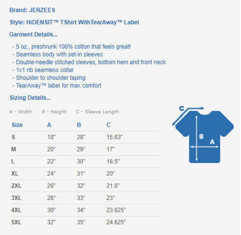May include: Size chart for a t-shirt with measurements in inches for width, height, and sleeve length. The chart shows sizes from S to 5XL. The chart also includes a diagram of a t-shirt with labels for width, height, and sleeve length.