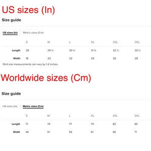 May include: Size chart for clothing in US inches and metric centimeters. The chart shows measurements for length and width in inches and centimeters for sizes S, M, L, XL, 2XL, and 3XL.