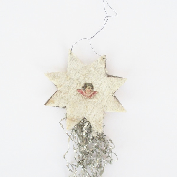 Antique spun cotton Angel Face Star with Silver Tail Christmas tree ornament. Christmas tree decoration. Collectible. Ornement arbre de Noël