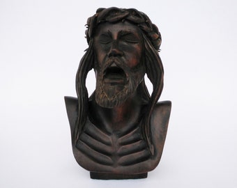 Vintage Jesus Christ with Crown of Thorns carved wood bust sculpture statue. Religious. Sculpture en bois de Jésus Christ