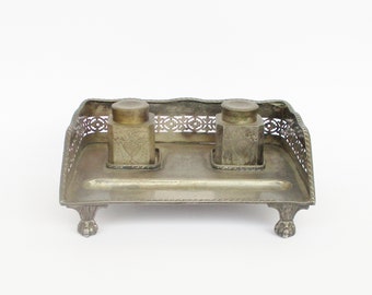 Antique vintage double inkwell inkstand brass plated footed tray. Writing accessory. Home decor. Spaces decor. Plateau encrier double