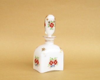 Antique opaline glass empty perfume bottle. Vegetalist and stars handpainted decoration. Collectible. Parfum petite bouteille en verre