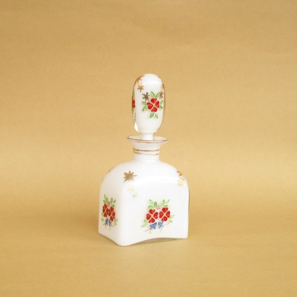 Antigua botella de perfume vacía de vidrio opalina. Vegetalista y estrellas decoración pintada a mano. Colección. Parfum petite bouteille en verre