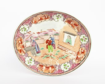Antiguo 19o siglo Inglés New Hall &quot;Lady in the Window&quot; pequeña bandeja de bandeja. Colección. Bandeja de placa de porcelana pequeña