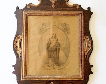 Antique 18th/19th century Our Lady The Virgin Mary framed print. Religious. Tableau encadré La Vierge Marie