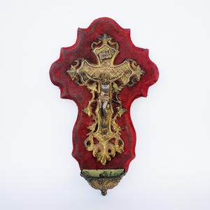 Antique French red velvet crucifix holy water font benitier religious collectible