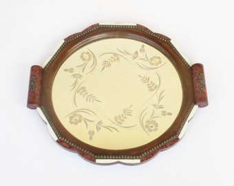 Antique Art Deco mirrored glass and silver wooden round tray. Home decor. Spaces decor. Plateau en bois verre miroir et argent