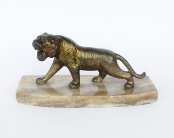 Antique Art Deco bronze doré Tiger with marble base sculpture statue. Collectible. Tigre en bronze avec socle en marbre sculpture