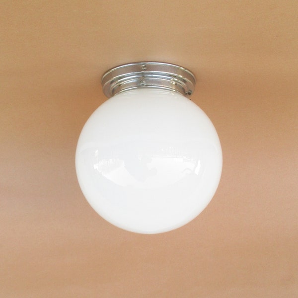 Antique Art Deco white glass globe decorative ceiling hanging lamp light pendant light. Lighting. Luminaire plafonnier en verre blanc
