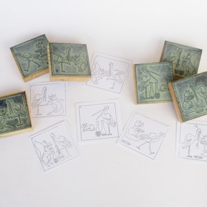 Confezione di francobolli didattici vintage "La volpe e la cicogna" di Agatha portoghese con scatola di cartone. "Le Renard et La Cigogne" timbres didactiques