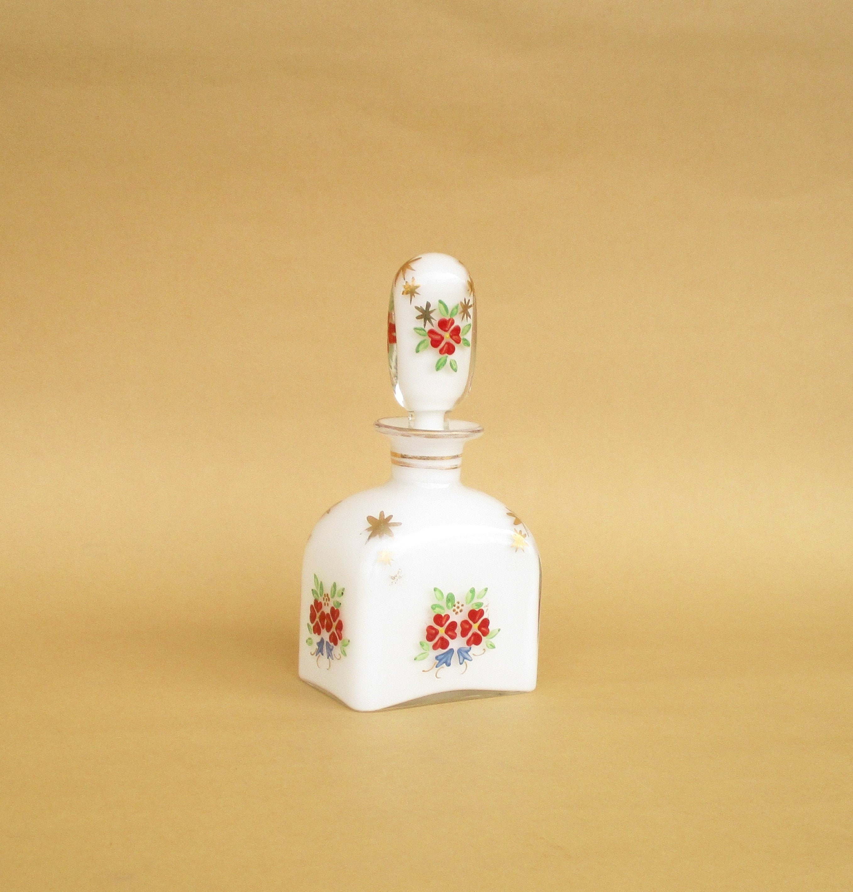 Antique opaline glass empty perfume bottle. Vegetalist and stars handpainted decoration. Collectible. Parfum petite bouteille en verre
