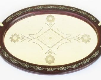Antique Art Deco mirrored glass and silver wooden tray. Home decor. Spaces decor. Plateau en bois verre miroir et argent