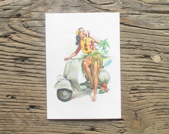 Vintage italienischer Roller Vespa Piaggio mit Mädchen original illustrierte Postkarte. Sammlerstück