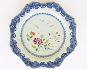 Antiguo Qianlong 1736-1795 Vegetalista octogonal chino y placa de porcelana de decoración de aves. Colección. Assiette en porcelana chinoise
