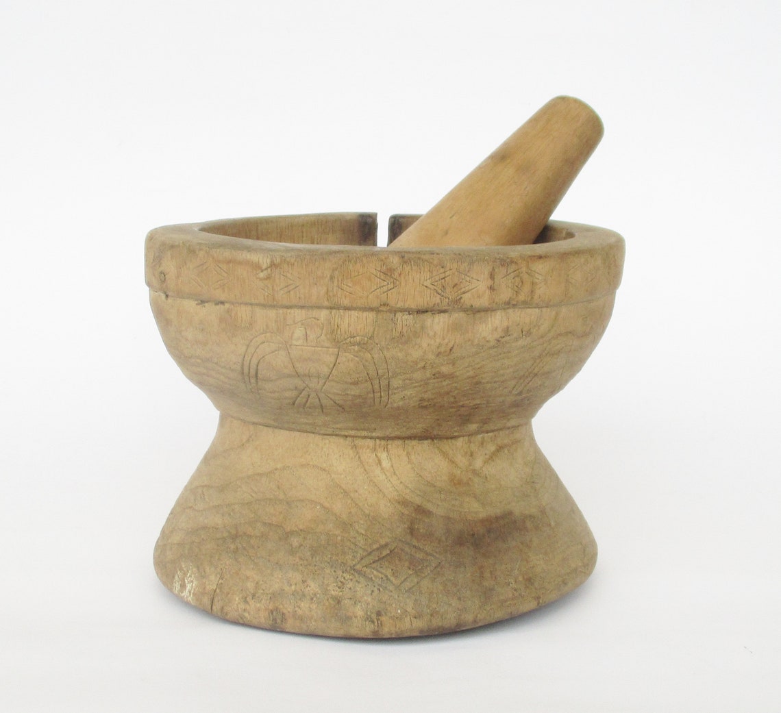 Vintage African Hand Carved Wood Mortar With Pestle Mixing Etsy
