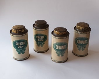 Antique portuguese set of 4 Viúva Ferrão Lisboa condiment tin containers. Kitchen Decor. Collectibles. Ensemble de 4 pots à condiments