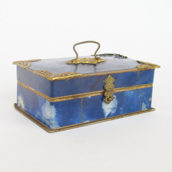 Antique cardboard blue marbled little box w/ brass applications jewelry box. Collectible. Petite boîte en carton avec applications en laiton