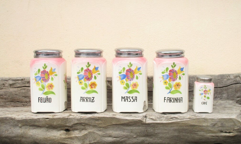 Vintage set of 5 polychromed flowers decoration ceramic kitchen jars containers food storage