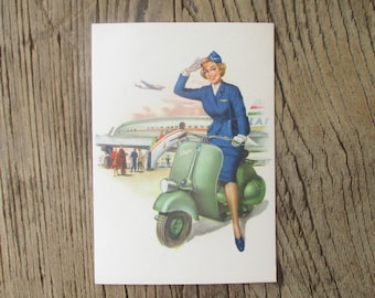 Vintage italian scooter Vespa Piaggio with Girl original illustrated postcard. Collectible