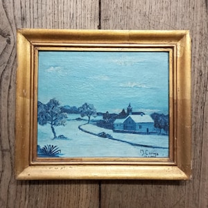 Oil painting Landscape with houses on a golden wood frame signed and dated M. Carmo 1950 Portuguese